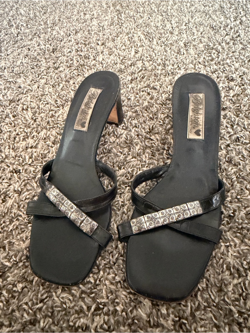 Brighton Black Strappy Heeled Slide Sandals with Silver Accents